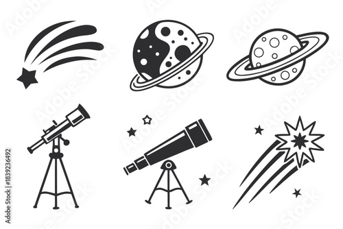 Vector Icons of Space Planets Stars and Telescopes for Astronomy Exploration.