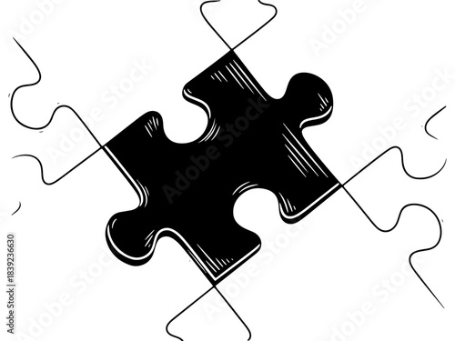 Black Puzzle Piece Vector Illustration in Woodcut Style, Symbolizing Global Family Day, Unity, and Togetherness