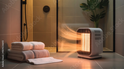 An electric heater emits warm air in a bathroom setting with towels neatly stacked on the floor. The shower area is seen in the background with a plant adding to the decor
