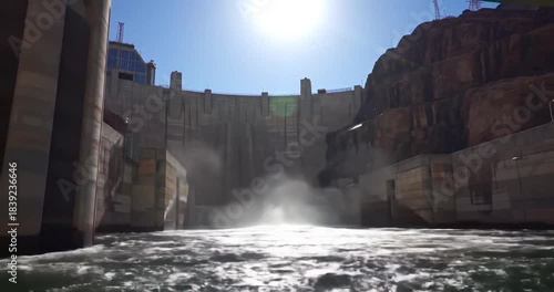 Water cascading from dam under bright sunlight