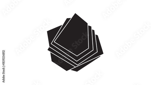 A black geometric shape with a white outline, comprising multiple flat sides stacked together, creating a 3D effect, isolated on white background