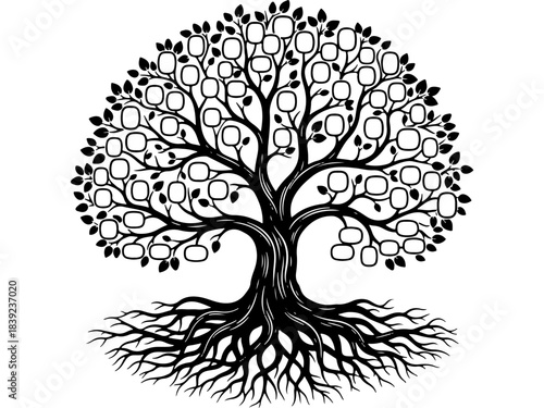 Woodcut Style Family Tree Vector Illustration with Blank Frames. Ancestry Genealogy Chart, Roots, and Branches for Global Family Day