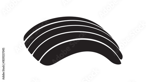 A black curved shape with multiple thin white lines running across it, set against a pure white background, creating a simple yet striking visual contrast