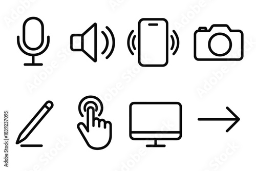 Tech Interface Icons. Input & Output Set linear set: microphone icon, speaker waves, haptic vibration symbol, camera view, stylus pen, multi-touch hand, display monitor, output