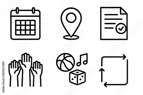 Community Event Icons. Community Gathering Toolkit linear set: event calendar, venue pin, signup sheet, volunteer hands, activity icons, coordination arrows.