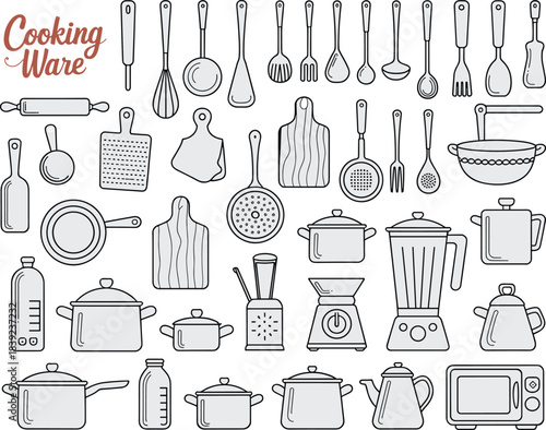 Cooking ware kitchen utensils line art set, cookware tools collection, hand drawn culinary equipment illustration for food preparation, restaurant design graphics