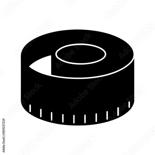Close-up of a black measuring tape reel with white markings and an arrow