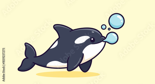 Charming cartoon killer whale blowing bubbles in a playful and delightful manner.