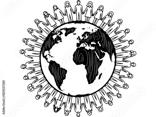 Woodcut style vector illustration of diverse people holding hands around the globe, symbolizing global family unity, community, and peace.
