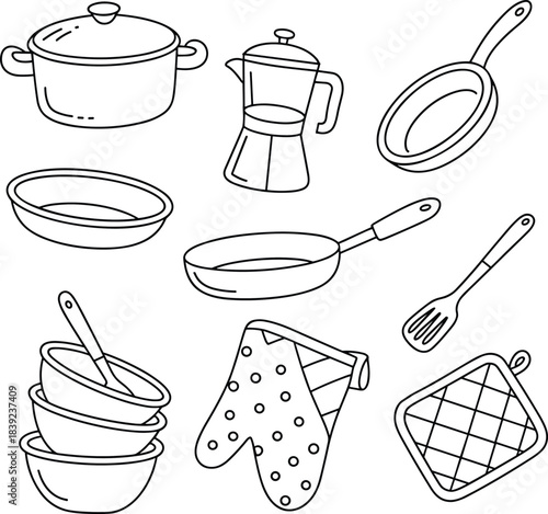 Hand drawn kitchenware illustration set including frying pan, cooking pot, bowls, spatula, French press, oven mitt, potholder, simple doodle style graphic