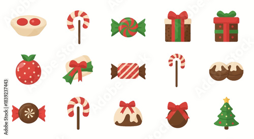 Flat vector icon set for Christmas, showcasing festive holiday dessert treats, colorful candies, and beautifully wrapped gift boxes, perfect for seasonal designs