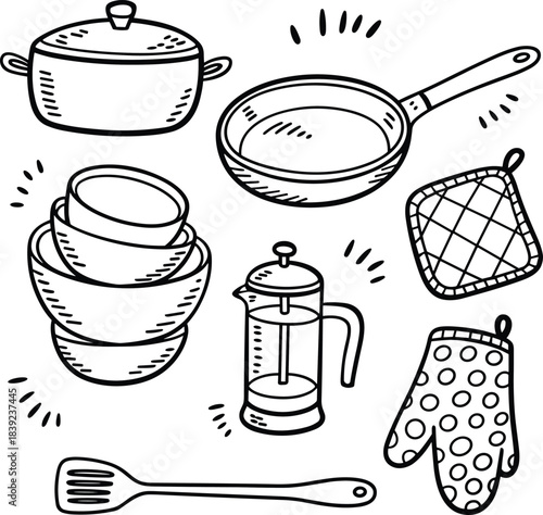 Hand drawn kitchenware illustration set including frying pan, cooking pot, bowls, spatula, French press, oven mitt, potholder, simple doodle style graphic