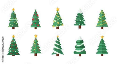 Set of various decorated Christmas trees with colorful ornaments and lights, perfect for holiday season