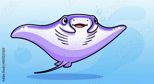 Cartoon stingray smiling with a happy expression in the ocean, swimming freely.