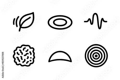 Eco Sensory Icons. Eco-Sensory Experience linear set: rustling leaf, water ripple, bird call wave, moss texture mark, sky arc, tree ring pattern.