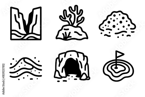 Ocean Floor Icons. Ocean Floor Mysteries linear set: shadowed canyon, coral outcrop, mineral deposit patch, slow-current dune, deep grotto, oceanic contour marker.