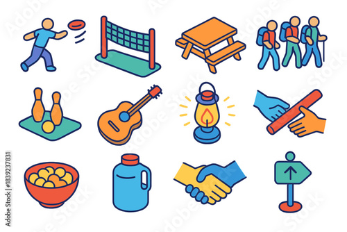 Social Activity Icons. Group & Social Activities isometric flat set: frisbee toss, volleyball net, shared picnic table, group hike symbol, outdoor games set, guitar for camp songs,