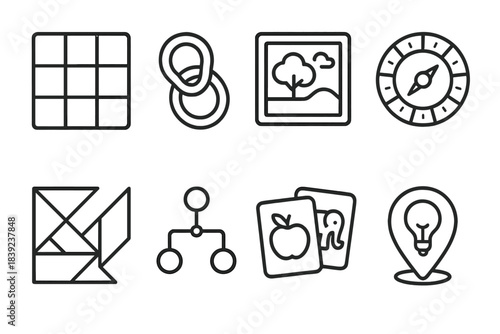 Mind-Bending Puzzle Icons. Mind-bending puzzles linear set: sliding tile block, loop puzzle ring, hidden picture frame, cipher wheel, tangram shape, logic tree node, mismatch pair