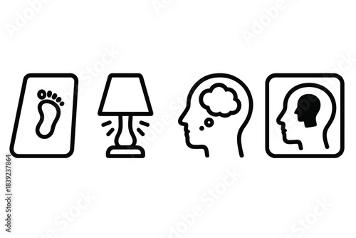 Safe Space Icons. Safe Mental Spaces linear set: grounding-mat pad, warm-glow lamp, reflective-thought tile.