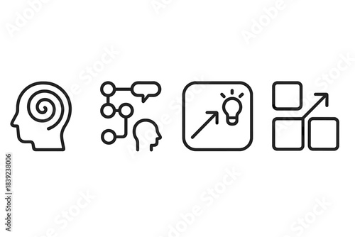 Dynamic Thought Icons. Dynamic Thought Frameworks linear set: mental-flow coil, adaptive-rule bead, concept-evolve tile.