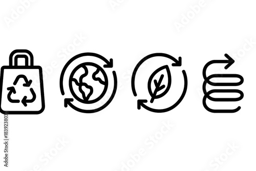 Sustainable Material Icons. Sustainable Material Cycles linear set: reuse-path strip, circular-feed panel, resource-return coil.
