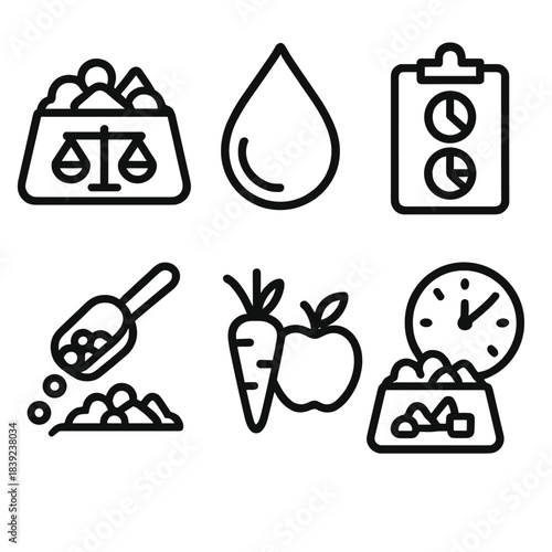 Pet Nutrition Icons. Pet Nutrition Support linear set: balanced kibble bowl, hydration droplet, nutrient chart, treat portion scoop, fresh ingredient icon, feeding schedule.