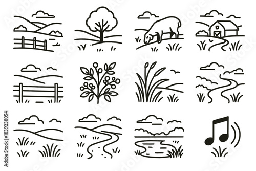 Pastoral Icon Serenity. Pastoral Quiet Spaces linear set: rolling pasture, lone tree, grazing sheep, wooden fence line, wild berry bush, distant barn outline, tall grass sway, soft