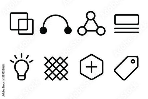 Abstract Integration Icons. Idea-integration systems linear set: concept pair tile, fusion arc, linking node, framework bar, insight spark, pattern mesh strip, synthesis badge,
