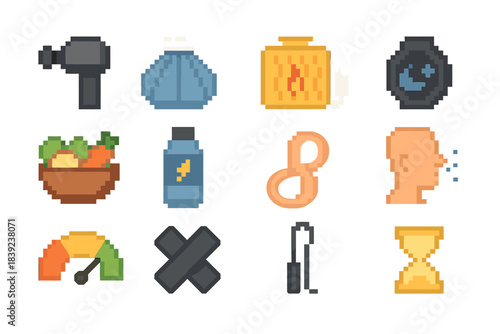 Recovery Icons Set. Recovery & Readiness pixel style set: massage gun, ice pack, heat pad, sleep tracker, nutrition bowl, electrolyte bottle, mobility band, breathing exercise icon