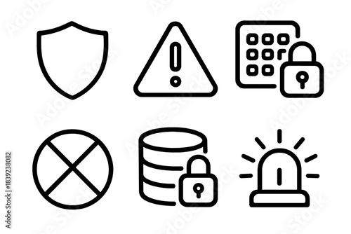 Security Icon Collection. Security Countermeasure Elements linear set: shield icon, hazard alert, secure code panel, blocked access sign, data lock, warning beam.