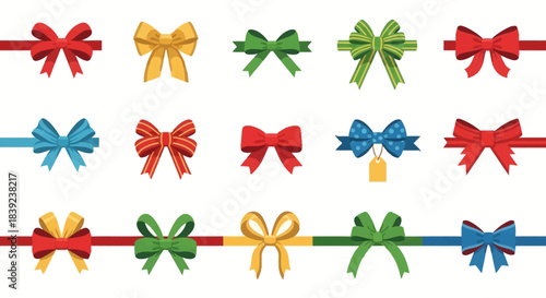 Colorful assortment of decorative gift bows and festive ribbons. Ideal for elegant present wrapping, holiday embellishments, and special occasion packaging, enhancing any gift