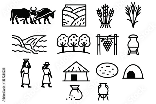 Ancient Farming Icons. Ancient Rural Life linear set: plow with oxen symbol, terraced field, grain bundle, irrigation channel, orchard row, vineyard trellis, water jar carrier,
