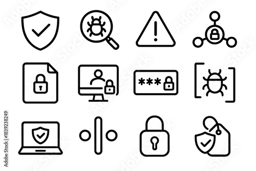 Cybersecurity Icon Set. Cyber Protection Set linear set: antivirus shield, malware scan icon, threat alert triangle, secure network node, encrypted file, login safeguard, password