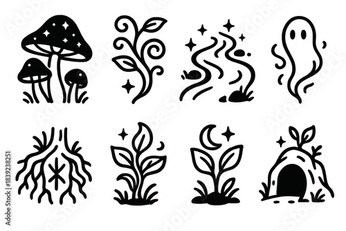 Mystic Forest Icons. Mystic Forest Habitat linear set: shimmer-cap fungi, enchanted vine, soft-glow creek, spirit wisp, rune-mark root, dreamleaf plant, moonlit sprout, hidden