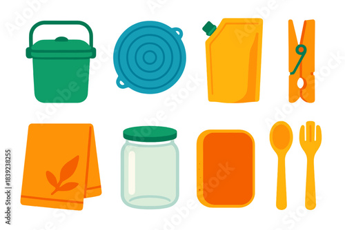 Eco-Friendly Essentials. Low-waste household supplies flat set: compost caddy, silicone food cover, refill pouch, wooden clothespin, linen towel, glass storage jar, eco scrub pad,
