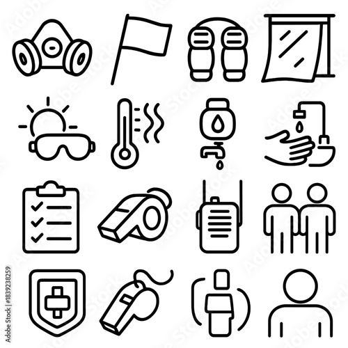 Worker Safety Icons. Worker Protection Essentials linear set: respirator mask, high-visibility flag, knee pads, dust barrier sheet, UV protection shield, heat stress icon,