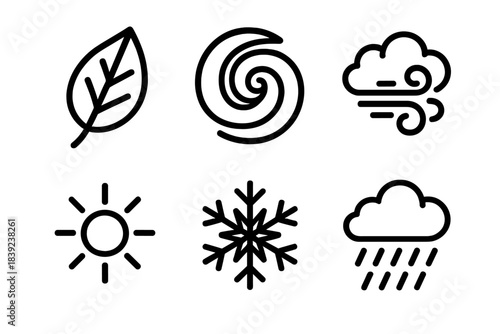 Seasons Iconography. Environmental seasons linear set: dry leaf, storm spiral, mist plume, bright ray, frost crystal, rainfall dash.
