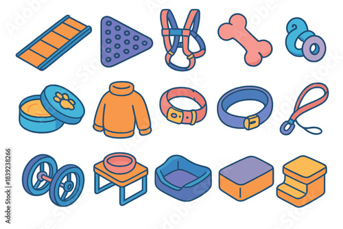 Comfort Mobility Icons. Comfort & Mobility Support isometric flat set: ramp icon, non-slip mat, supportive harness, joint-friendly toy, paw balm tin, cozy sweater, soft collar,