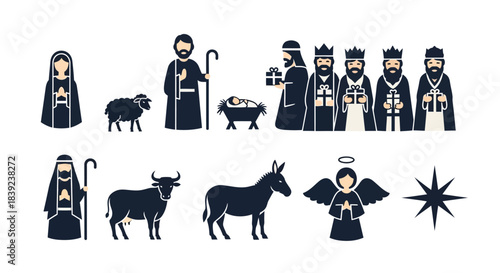 Christmas Nativity Scene Icons Featuring Mary, Joseph, Baby Jesus, Wise Men, Animals, Angel, and Star