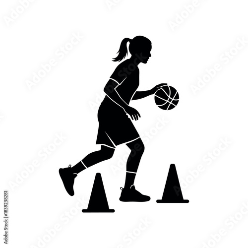 Female Basketball Player Dribbling Through Cones Silhouette.