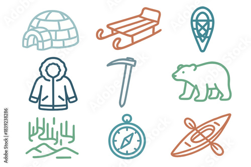 Illustrations of winter activities and items depicting Arctic life and exploration in a playful design