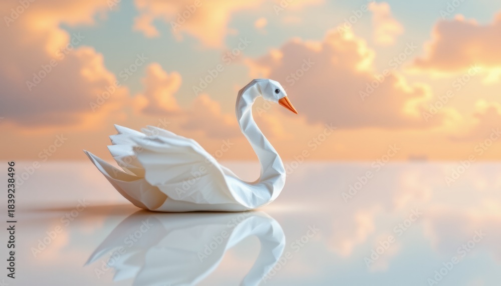 Fototapeta premium Create an image of a delicate origami swan gracefully resting on a reflective surface, bathed in the soft hues of a pastel sky