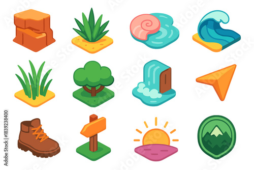 Vibrant Nature Icons. Eco Exploration Set isometric flat set: canyon wall, desert plant, tide pool shell, coastal wave, prairie grass, forest canopy, waterfall mist, navigation