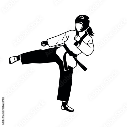 Female martial artist in protective gear performing a high kick.