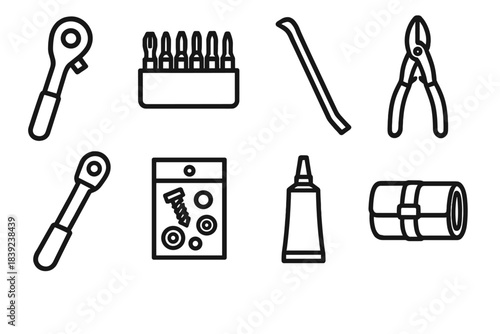 Maintenance Tools Icons. Maintenance Gear Items linear set: ratchet handle, bit set, pry bar, cutting snips, torque wrench, fastener pack, repair adhesive, tool roll.