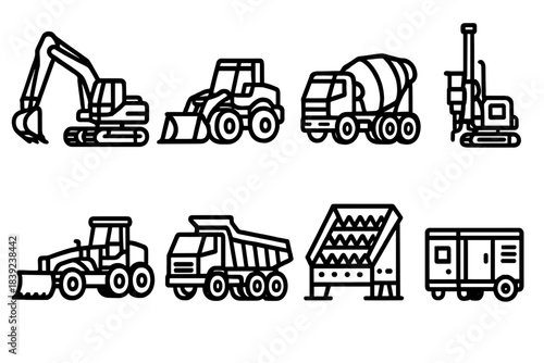 Heavy Machinery Icons. Heavy Machinery Equipment Set linear set: crawler excavator, front loader, concrete mixer, blasting drill, grader blade, tipper truck, crusher panel, site