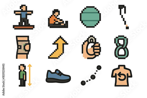 Adaptive Icons Set. Adaptive Movement Skills pixel style set: balance beam icon, gentle stretch pose, coordination ball, mobility cane, supportive brace, step guide arrow, grip aid