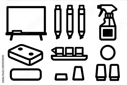 Office Gear Icons. Office whiteboard gear silhouette set: wall board, assorted markers, magnetic eraser, cleaner spritz, marker rest tray, magnet token, cleaning pad, cap set.