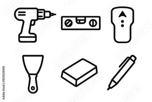 Home Repair Icons. Home Repair Essentials linear set: drill driver, level tool, stud finder, putty knife, sanding block, repair marker.
