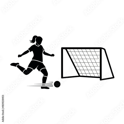 Female Soccer Player Kicking Ball Towards Goal Silhouette.